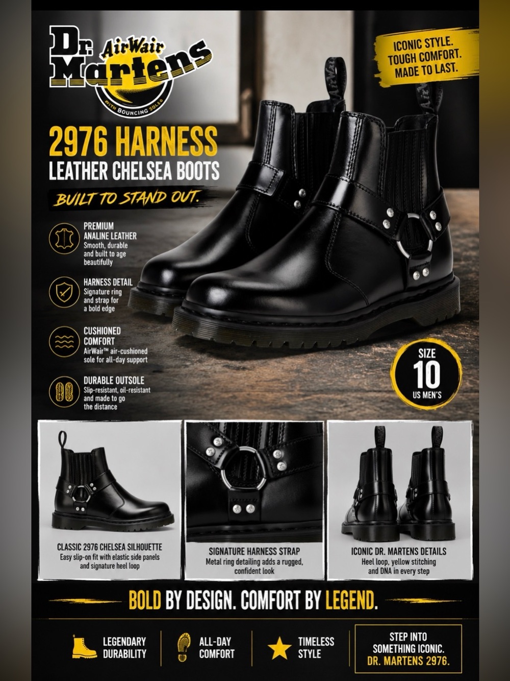 Dr Martens Men’s 2976 Harness Leather Chelsea Boots - Black Analine, Size 10 US